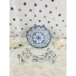 Porcelain Blue And White Florals Bowl With 8 Chopstick Holders/ Rests